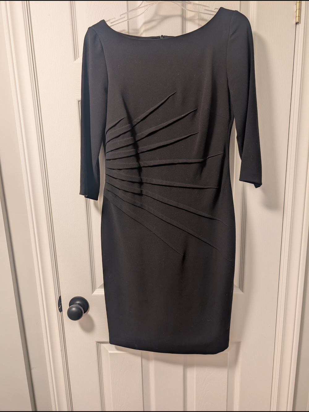 David Meister Black Starburst Pleat Sheath Dress 3/4 Sleeve Size 4